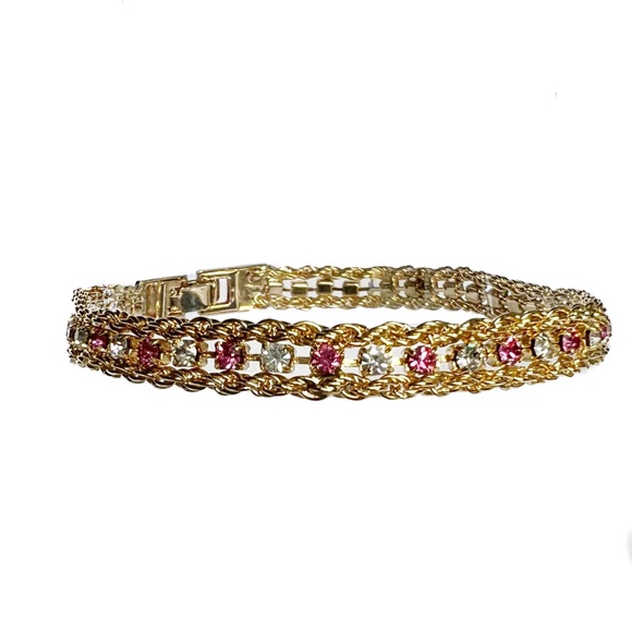 FANCY Pink Crystal and White Zirconias 10K Yellow Gold Plated Tennis Bracelet - Picture 4 of 9